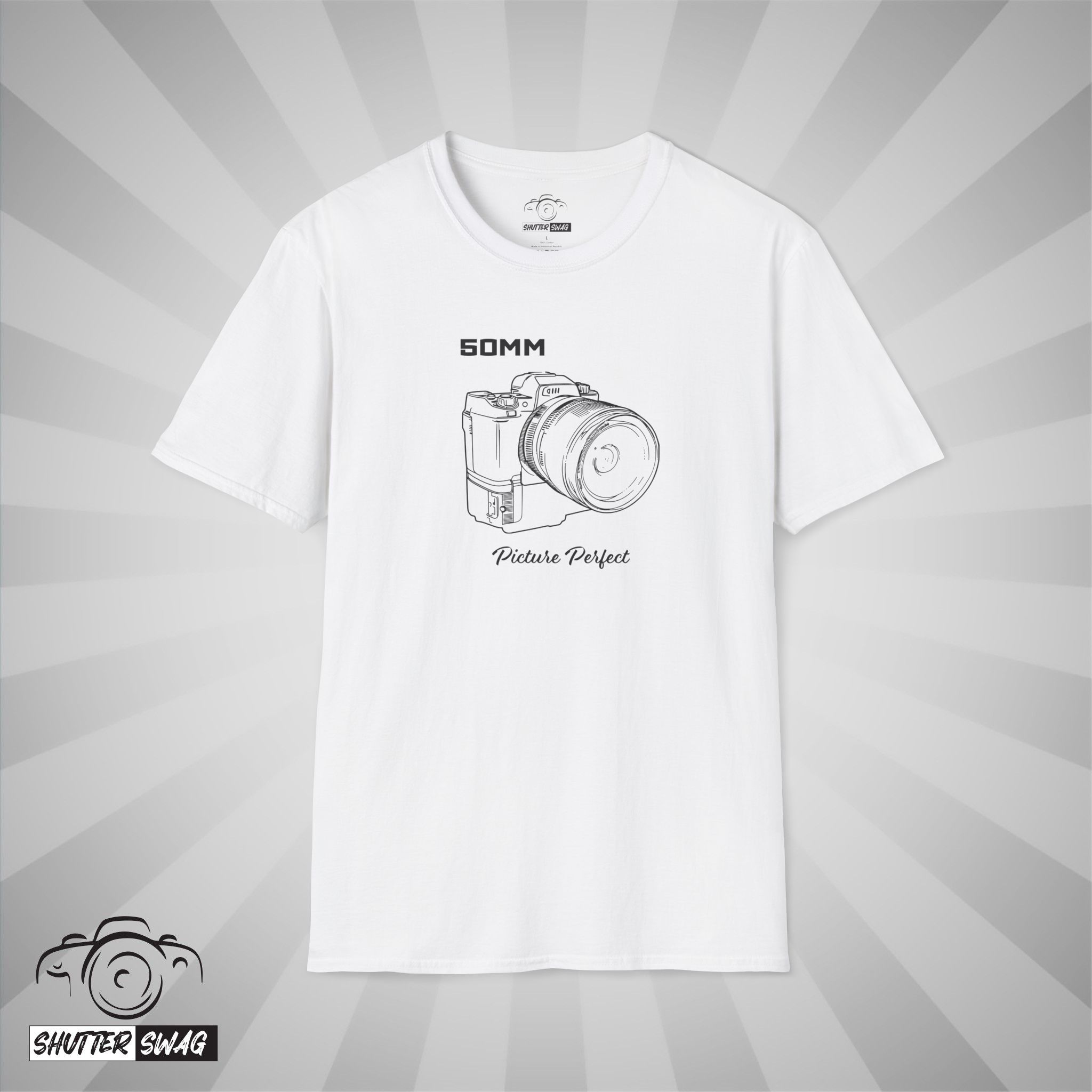 13406967095264733241_2048_custom.jpeg Shutter Swag Designs 50mm Camera Lens T-Shirt, white