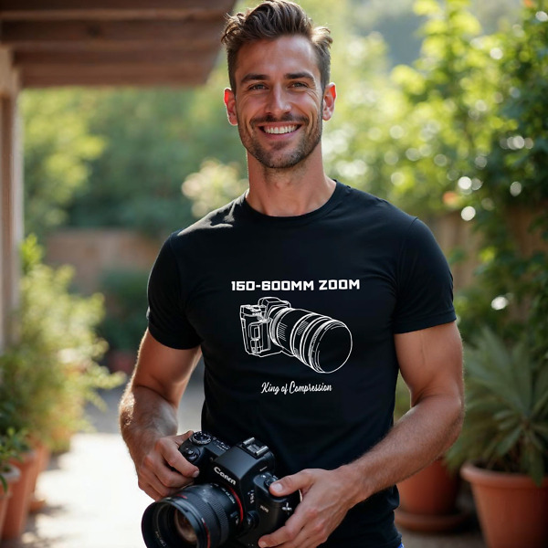 Smiling man holding a camera on a patio wearing 150-600mm Zoom Camera Lens Black T-shirt. Only from Shutter Swag!