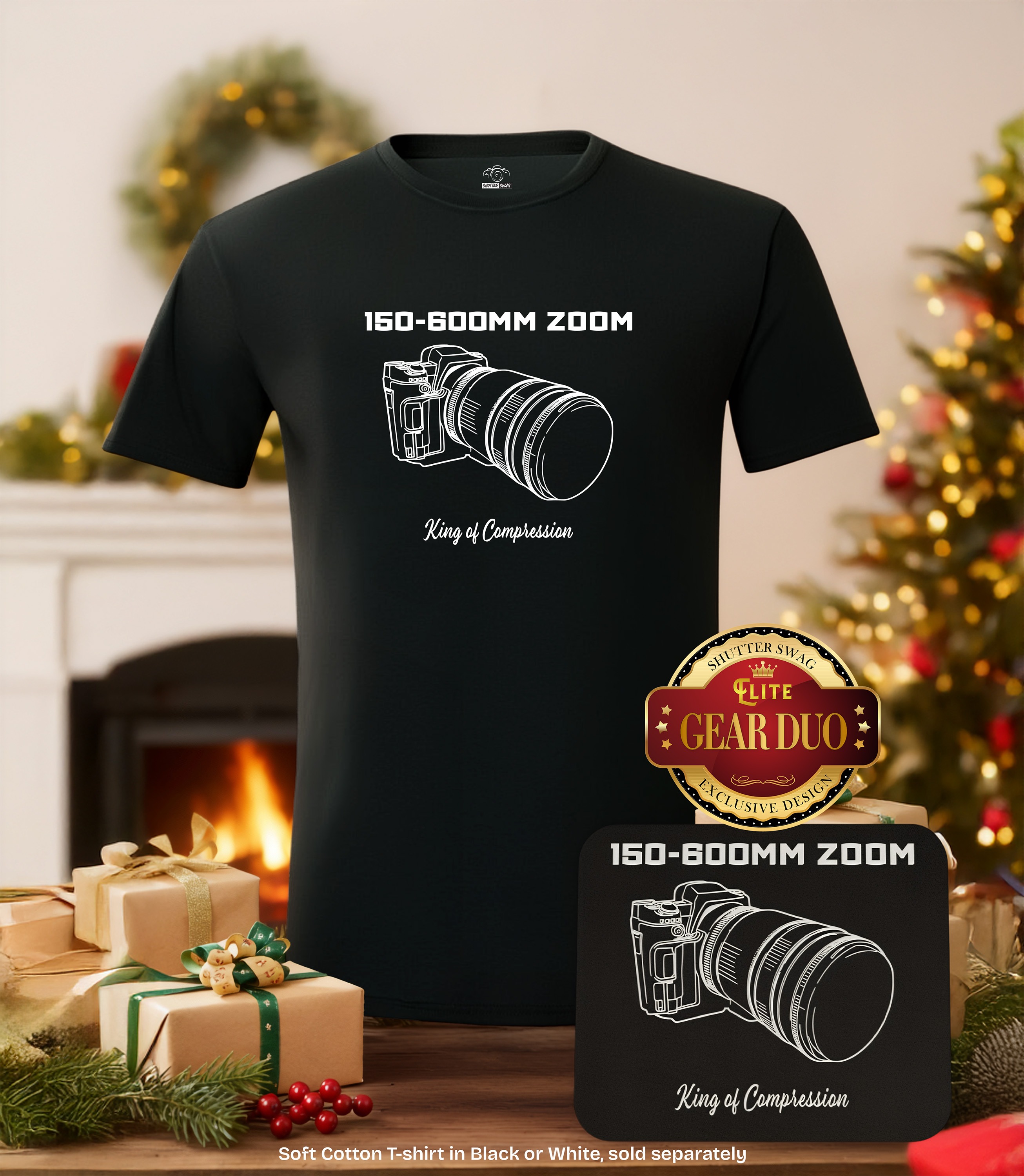 150-600mm Zoom black t-shirt and matching mousepad surrounded by wrapped gifts. Elite gear duo!
