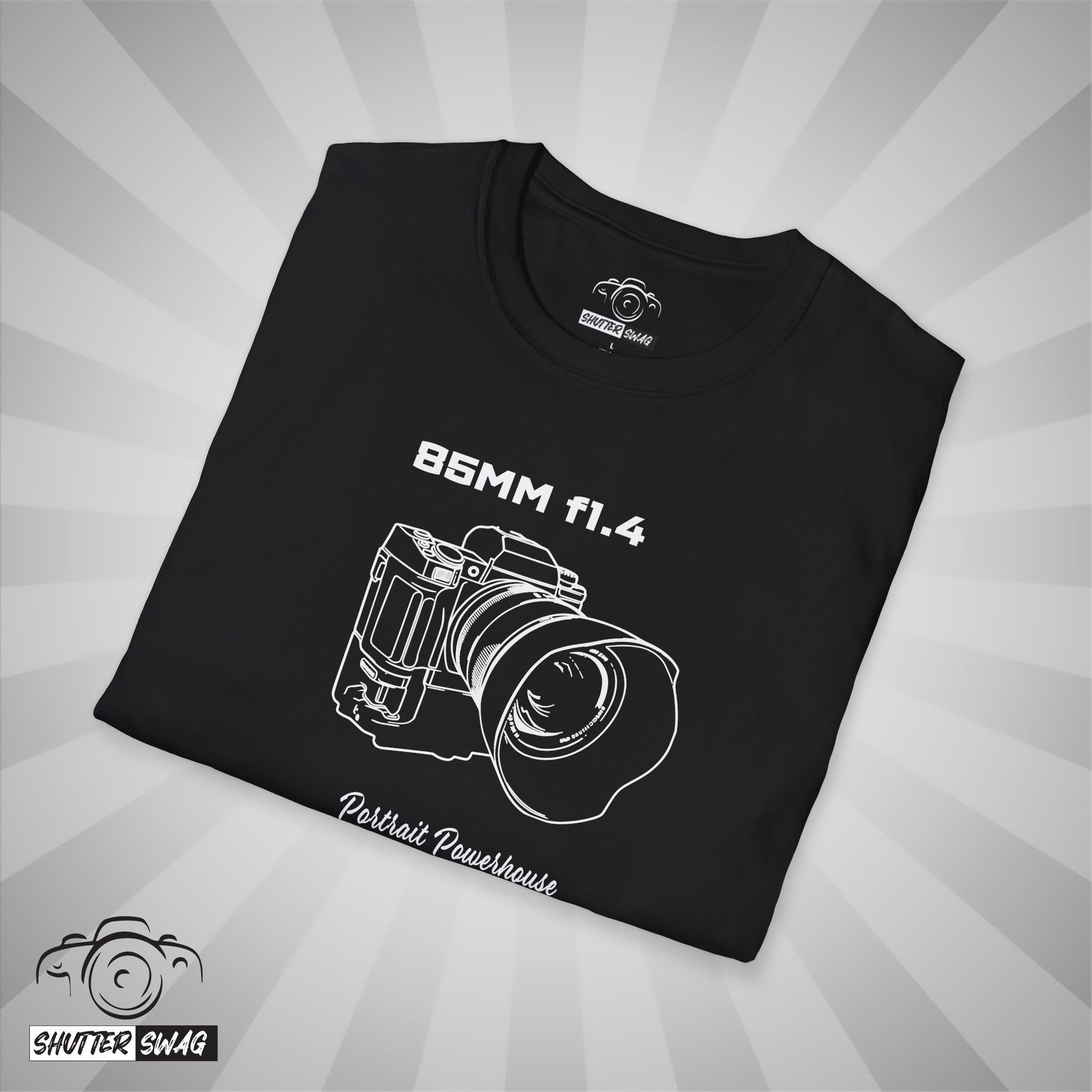 Shutter Swag Designs 85mm f1.4 Camera Lens Photographer T-shirt, black folded closeup