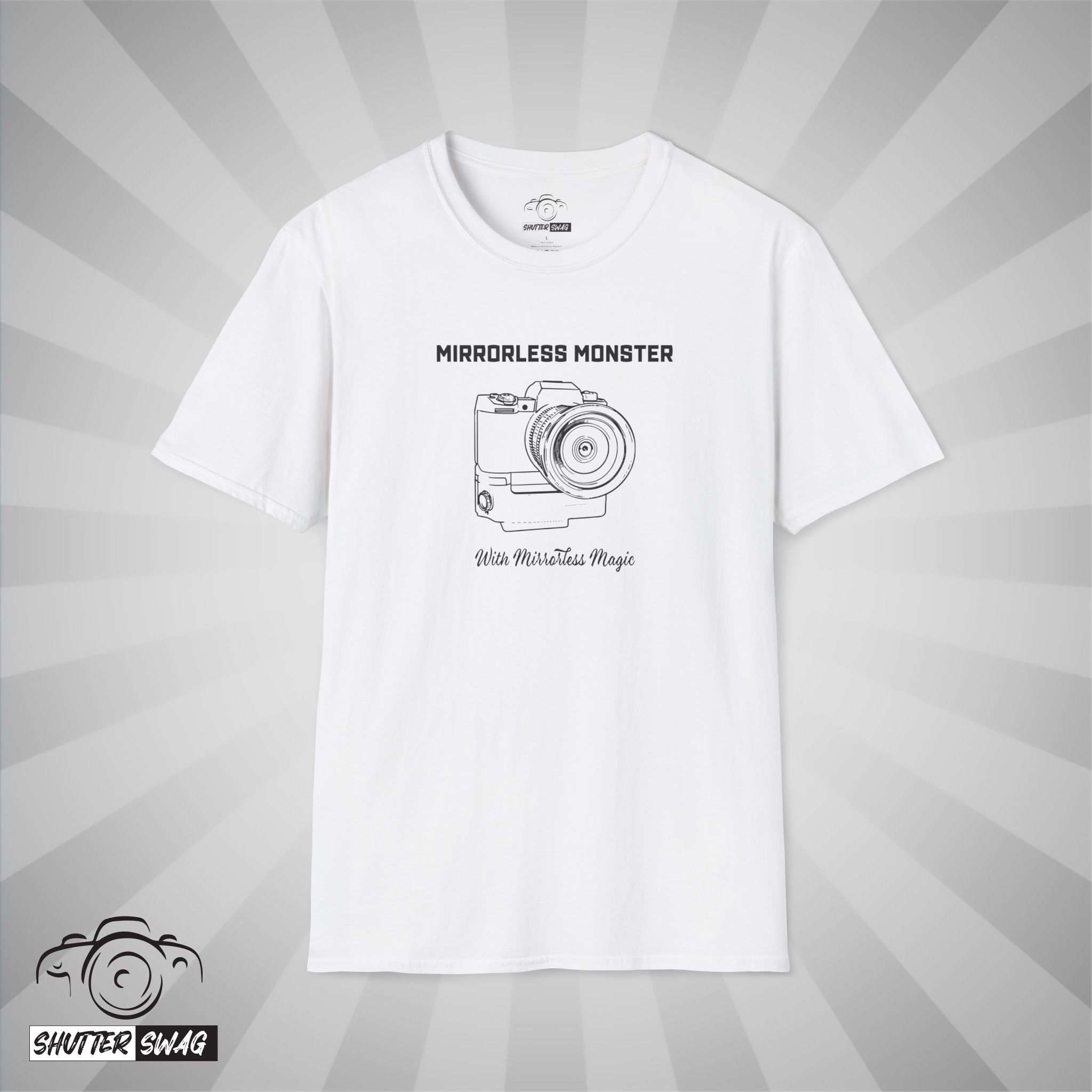 Shutter Swag Designs Mirrorless Camera Body T-shirt, white