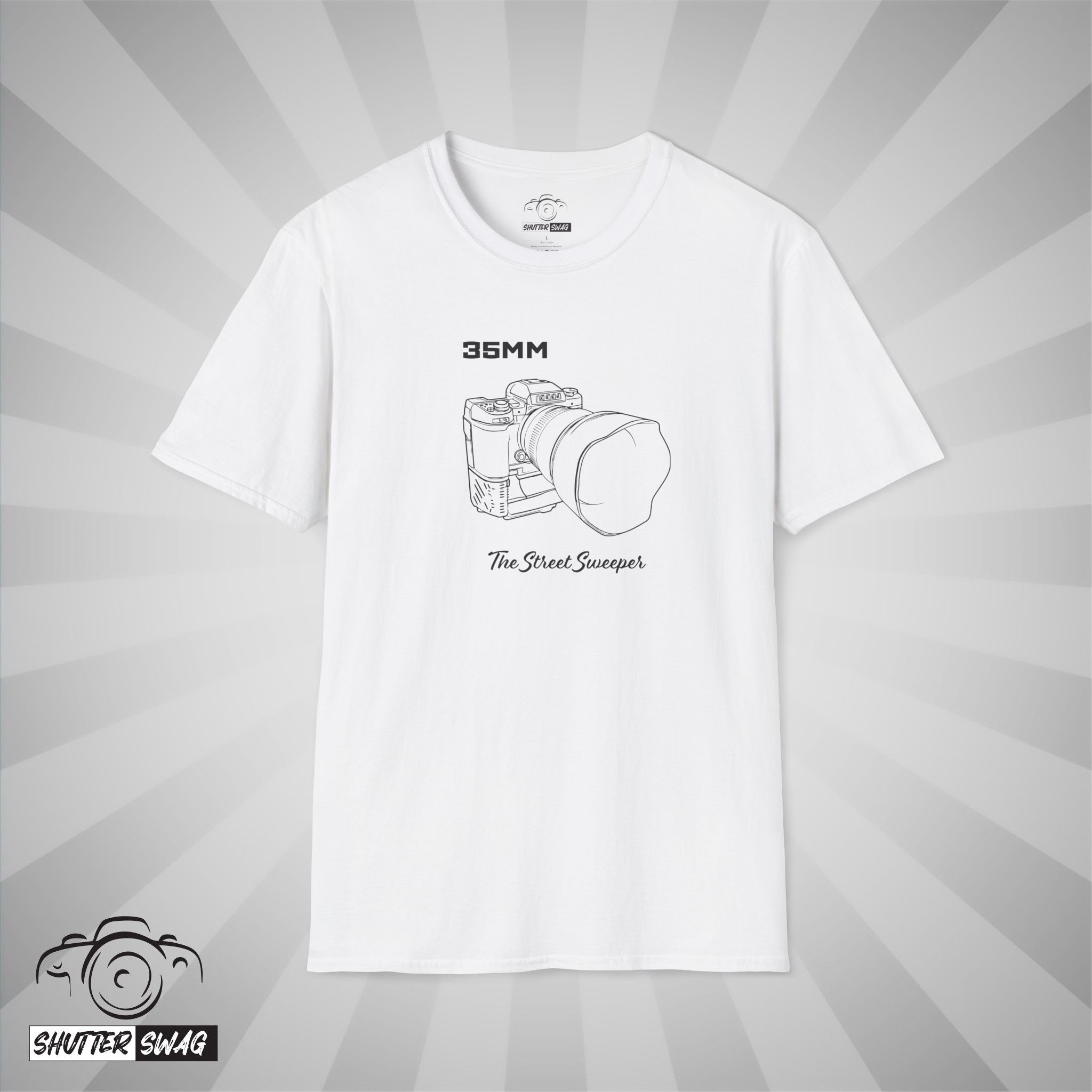 Shutter Swag Designs 35mm Camera Lens T-Shirt, white