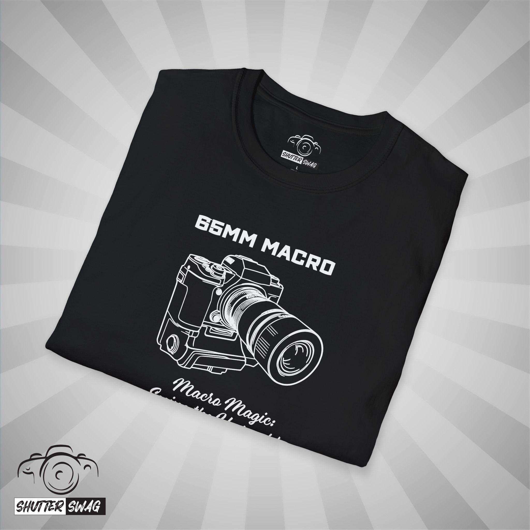 Shutter Swag Designs 65mm Macro Camera Lens T-shirt, black folded closeup