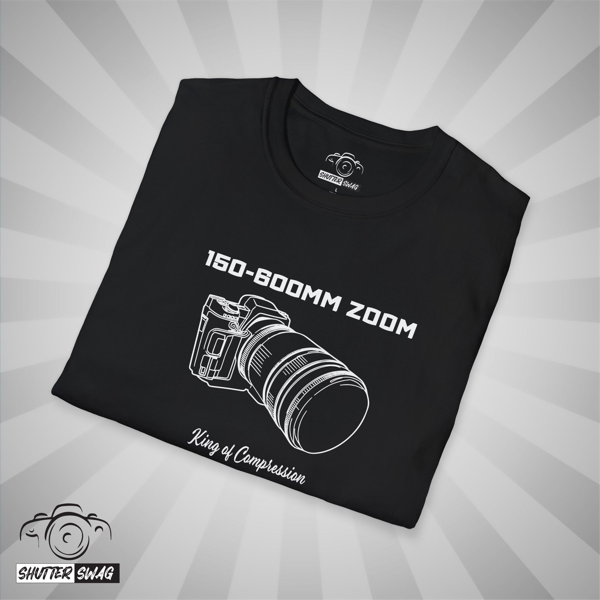 Shutter Swag Designs 150-600mm Camera Zoom Lens T-shirt, black folded closeup