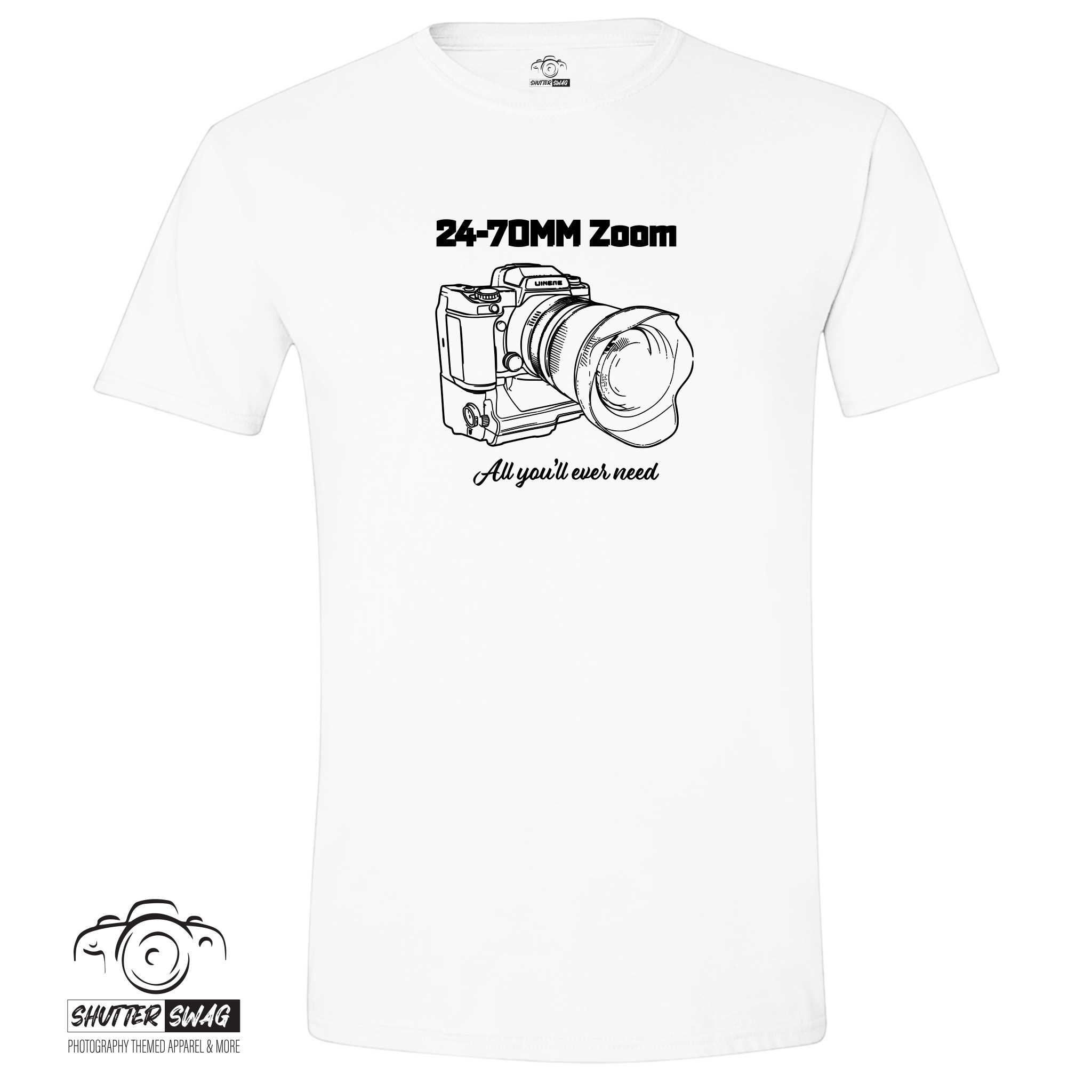 20250623201047-1f0506e2-699a-6ecc-ab6c-1294885602c9.jpg Shutter Swag Designs 24-70mm Zoom Camera Lens T-Shirt, white