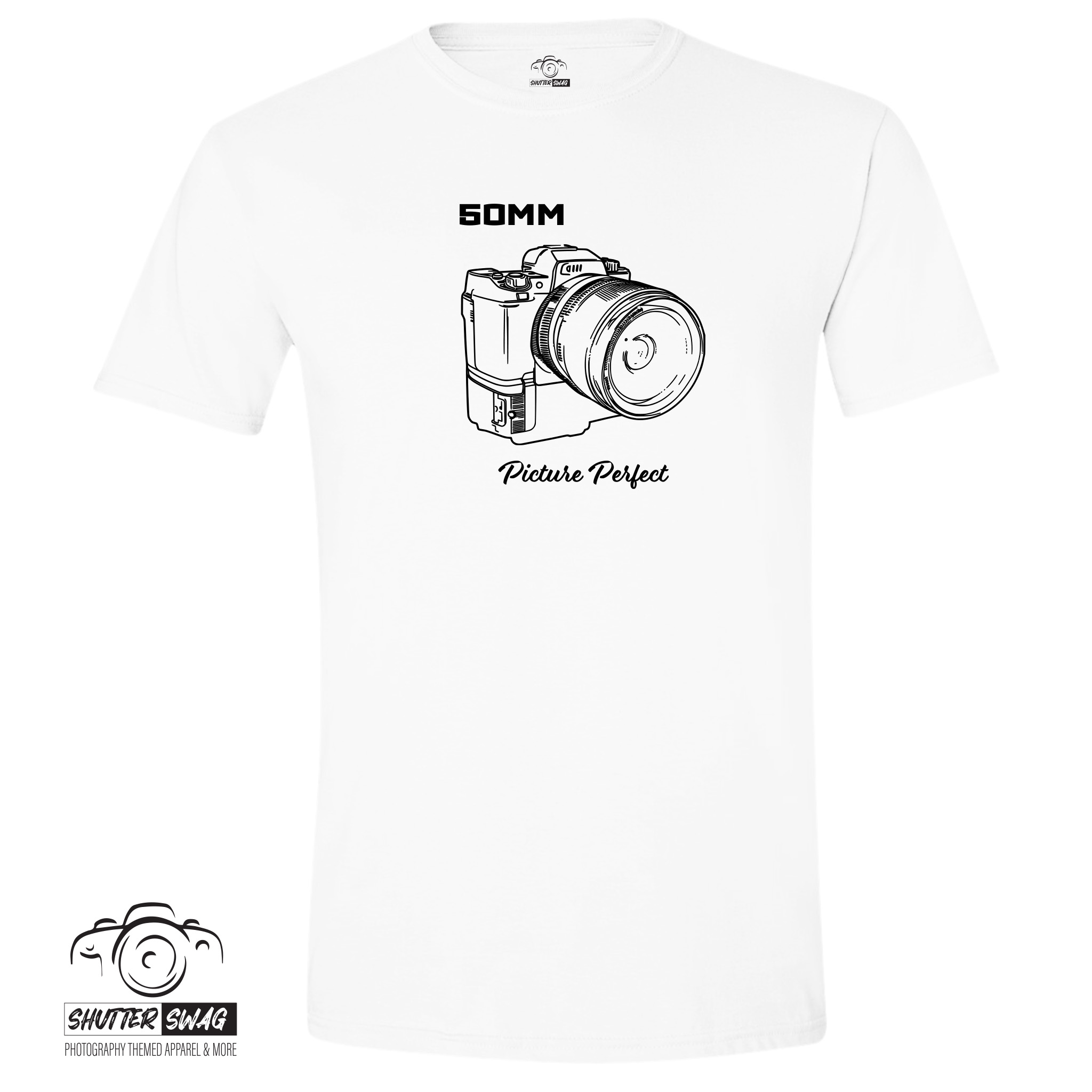 20250623201747-1f0506f2-15a0-66cc-8e1a-82e4aeb03da4.jpg Shutter Swag Designs 50mm Camera Lens T-Shirt, white