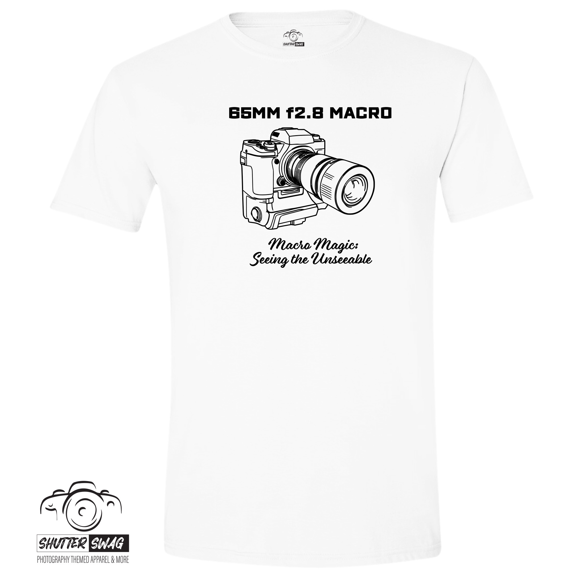 Shutter Swag Designs 65 f2.8 Macro Magic T-shirt, white