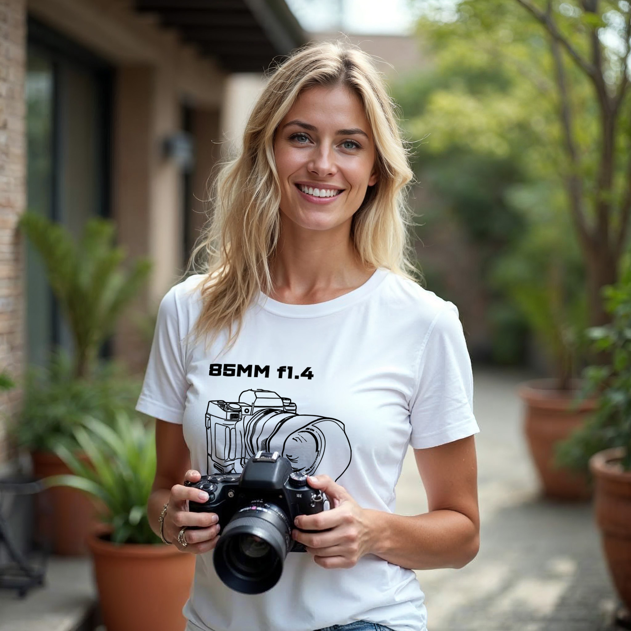 Shutter Swag Designs 85mm f1.4 Camera Lens Photographer T-shirt, white