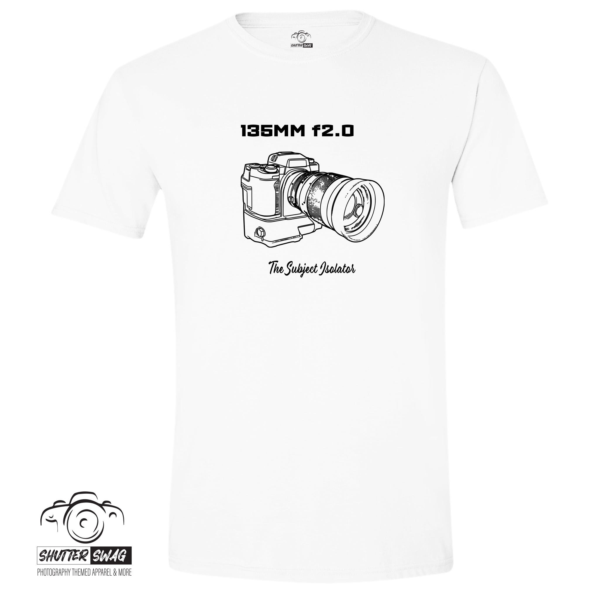 20250623202914-1f05070b-a51e-67b8-84d8-52d563808f00.jpg Shutter Swag Designs 135mm f2.0 Camera Lens Photographer T-shirt, white