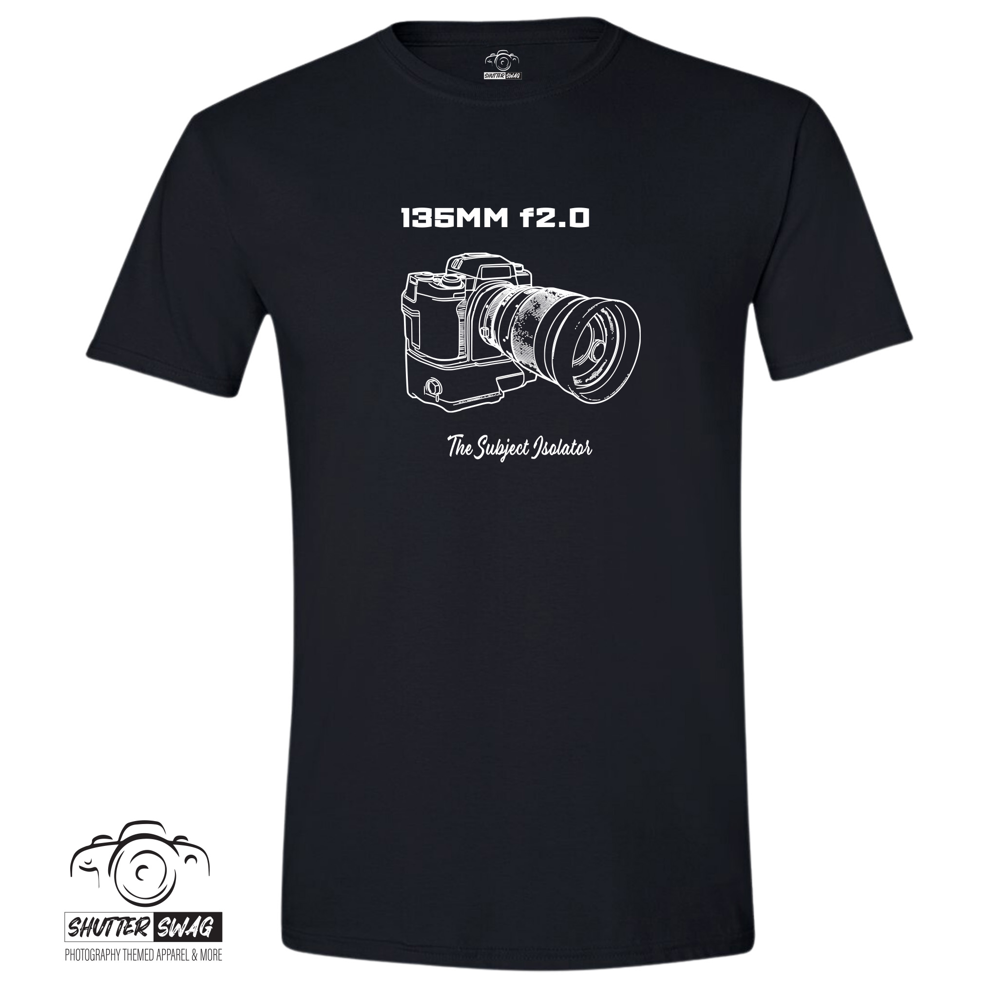 20250623202914-1f05070b-a986-6058-95ed-a6bd9afb104f.jpg Shutter Swag Designs 135mm f2.0 Camera Lens Photographer T-shirt, black