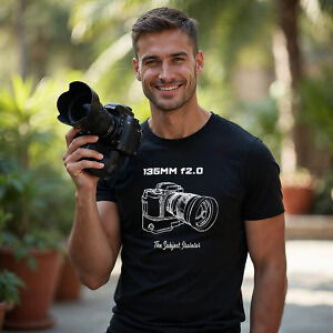 Shutter Swag Designs 135mm f2.0 Camera Lens Photographer T-shirt, Black