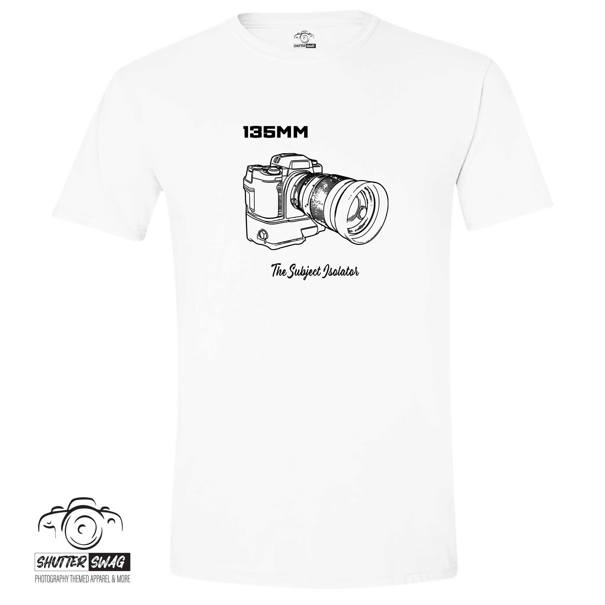 Shutter Swag Designs 135mm Camera Lens Photographer T-shirt, white