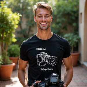 Shutter Swag Designs 135mm Camera Lens Photographer T-shirt, black