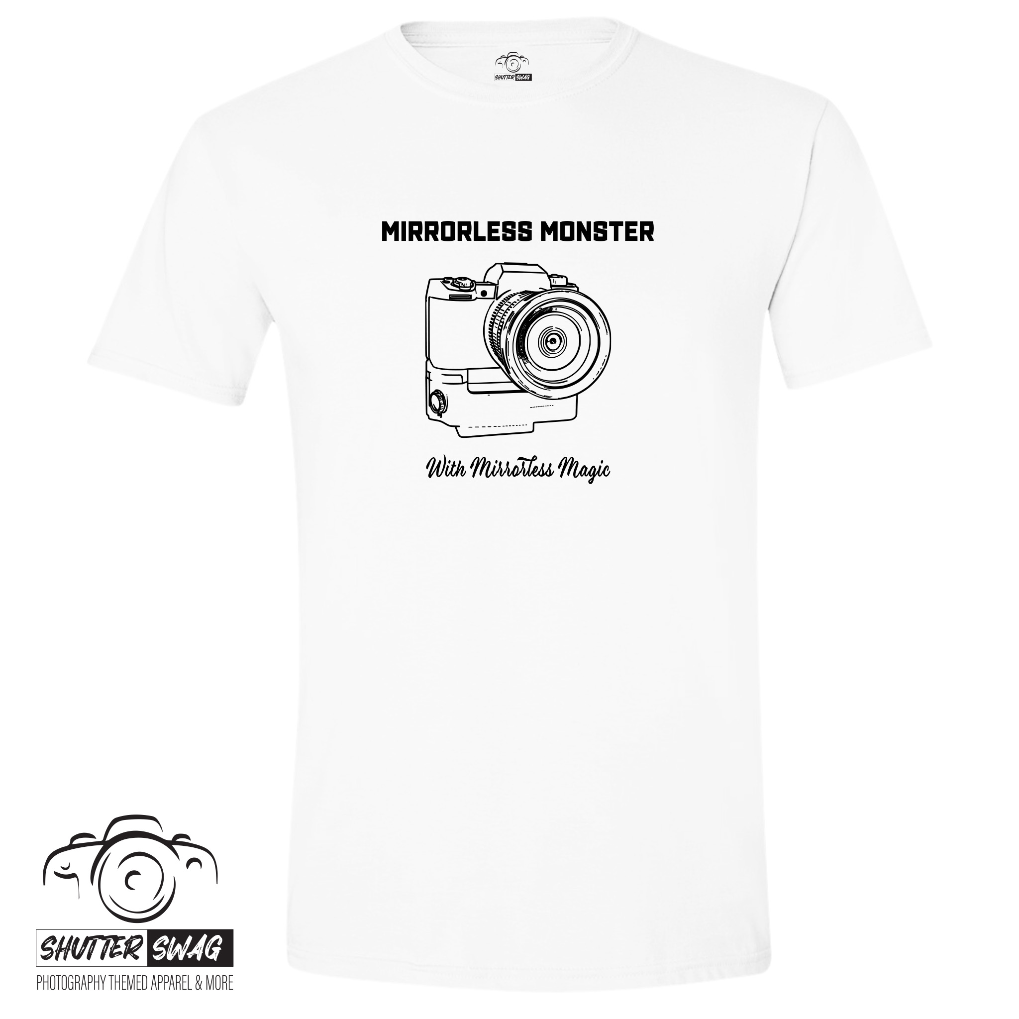 Shutter Swag Designs Mirrorless Camera Body T-shirt, white
