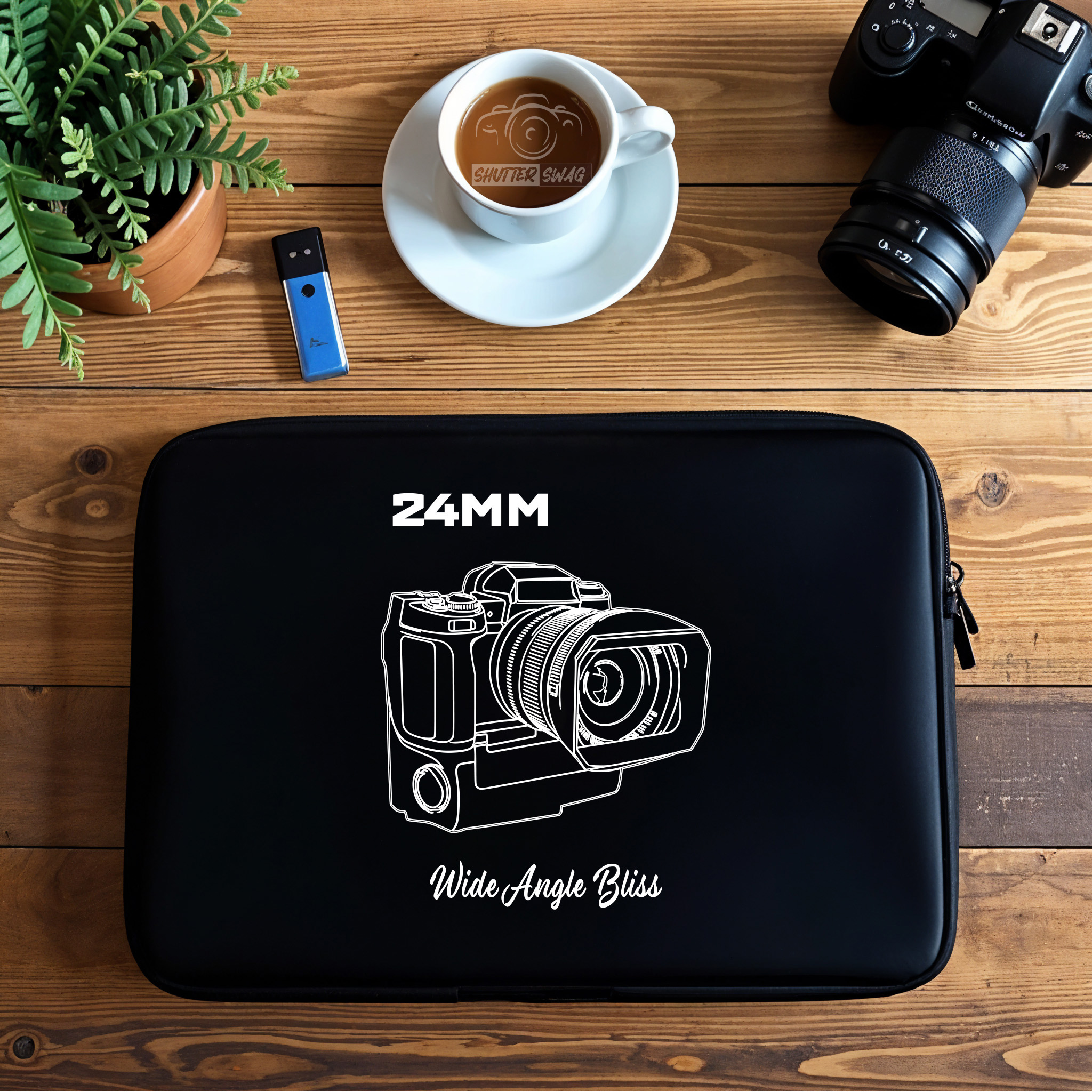 Shutter Swag Designs photography theme laptop sleeve 24mm lens design