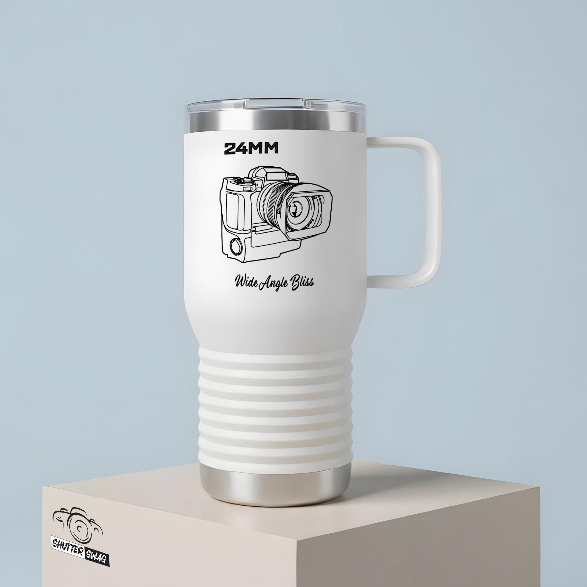 Shutter Swag Designs Black 24mm Lens Camera Design 20oz Insulated Travel Mug