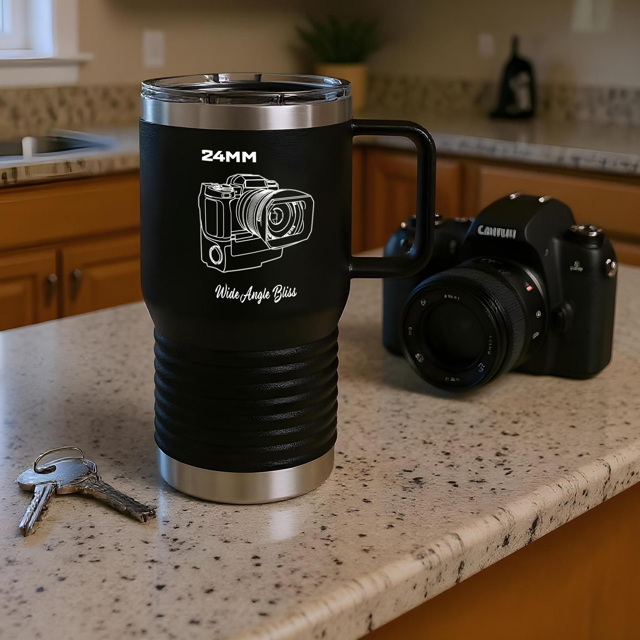 Shutter Swag Designs Black 24mm Lens Camera Design 20oz Insulated Travel Mug