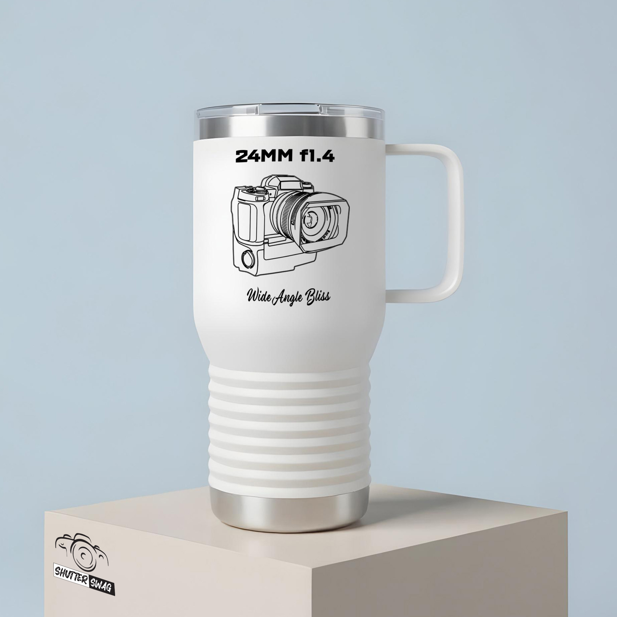 Shutter Swag Designs Black 24mm f1.4 Lens Camera Design 20oz Insulated Travel Mug