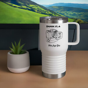 Shutter Swag Designs Black 24mm f1.4 Lens Camera Design 20oz Insulated Travel Mug