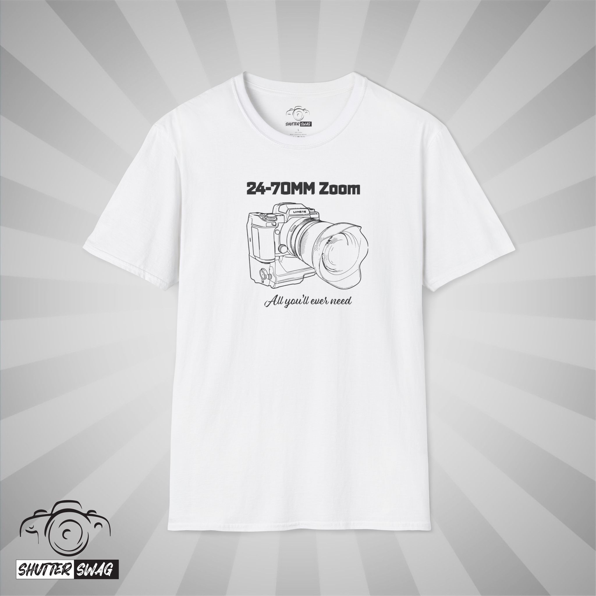 24-70mm Zoom Front White Shutter Swag Designs 24-70mm Zoom Camera Lens T-shirt white