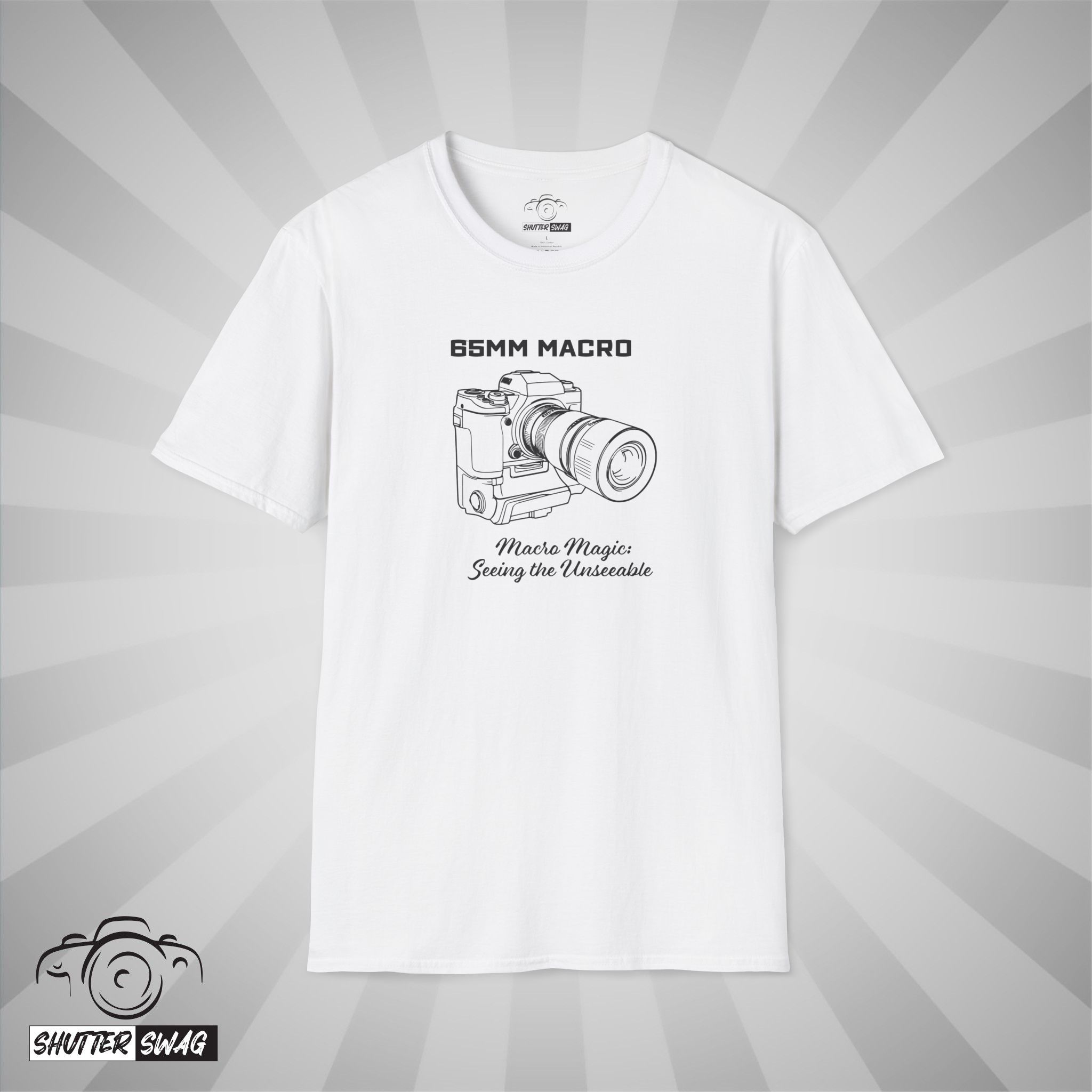 Shutter Swag Designs 65mm Macro Camera Lens T-shirt, white