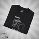 Shutter Swag Designs 35mm Camera Lens T-Shirt, black folded close up