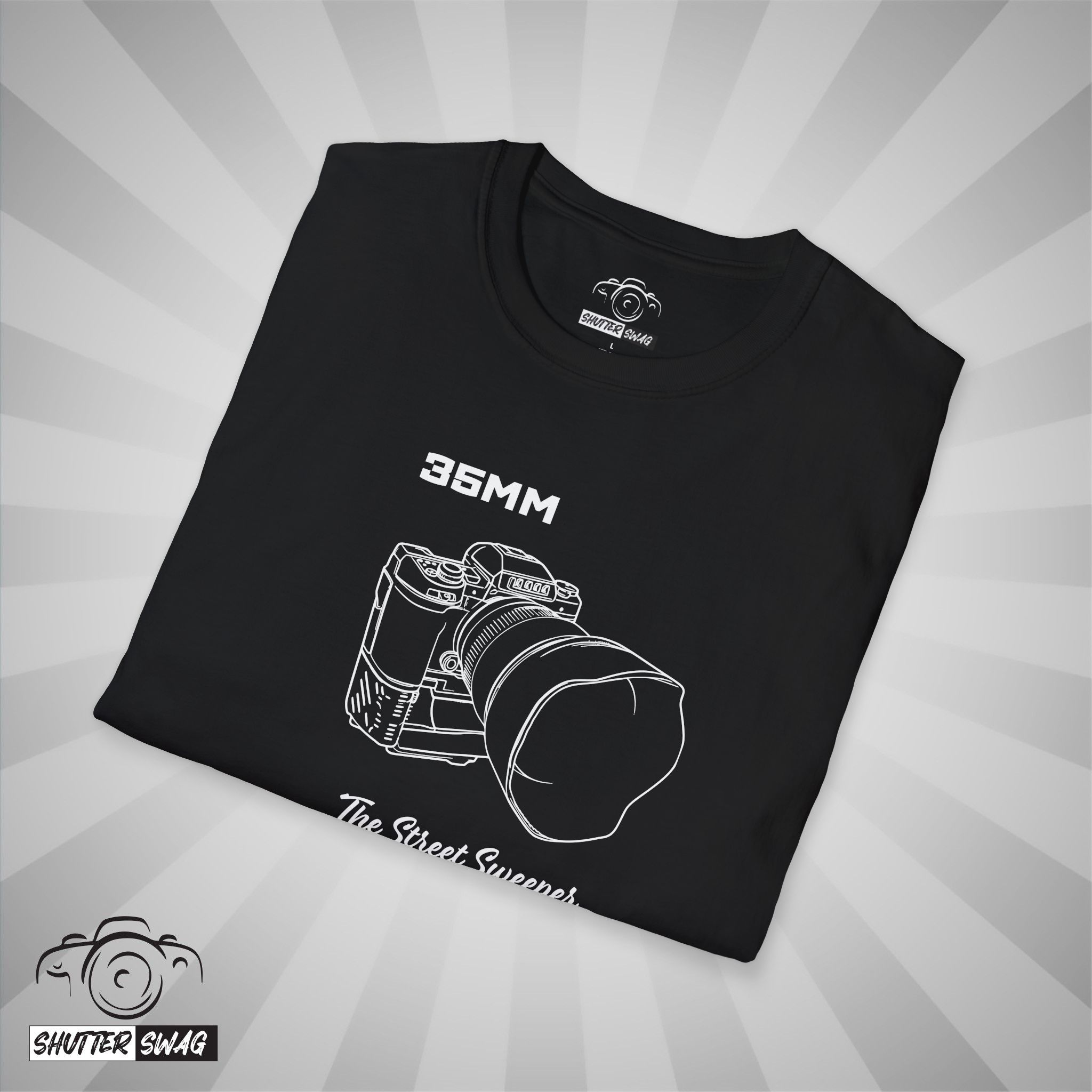 Shutter Swag Designs 35mm Camera Lens T-Shirt, black folded close up