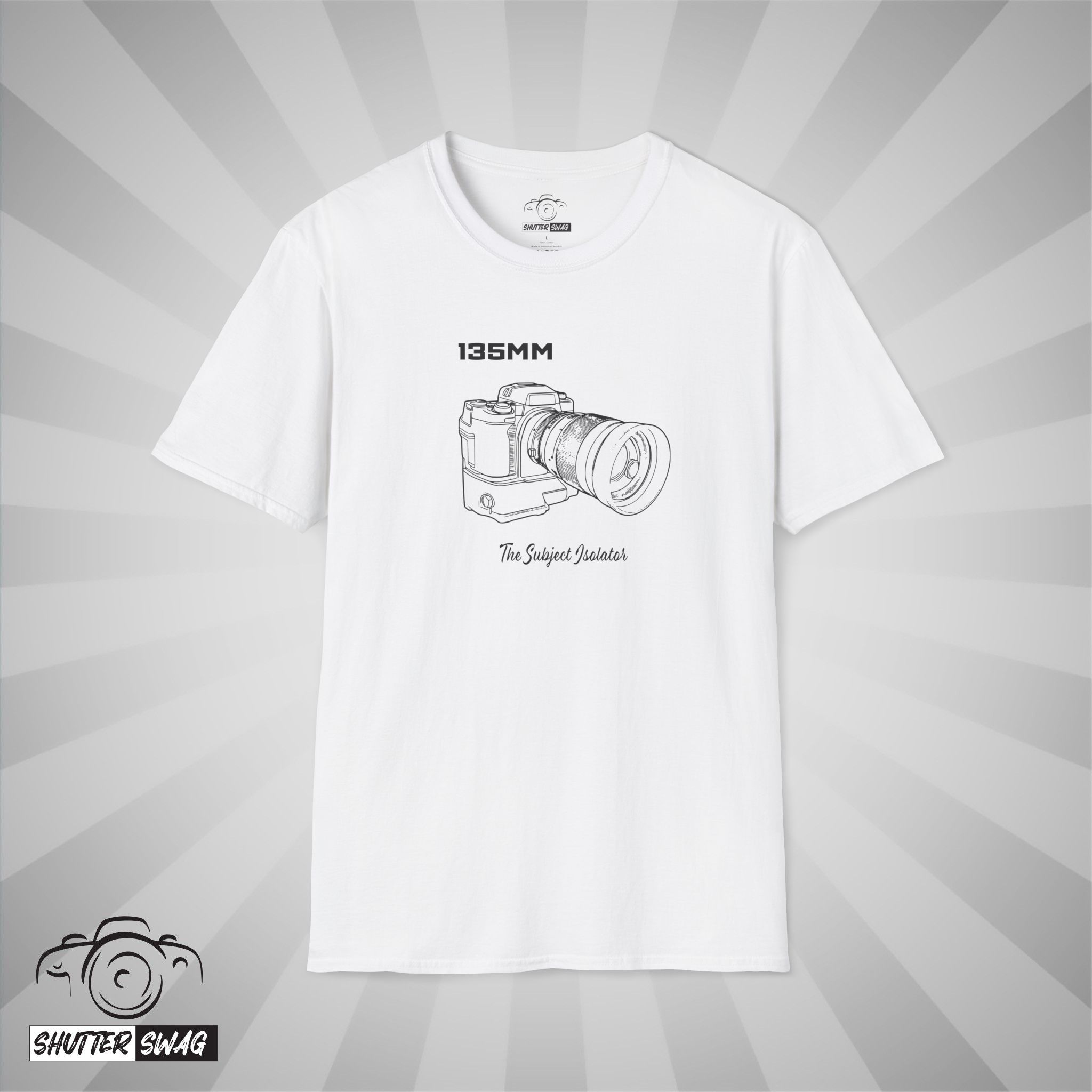 Shutter Swag Designs 135mm Camera Lens Photographer T-shirt, white