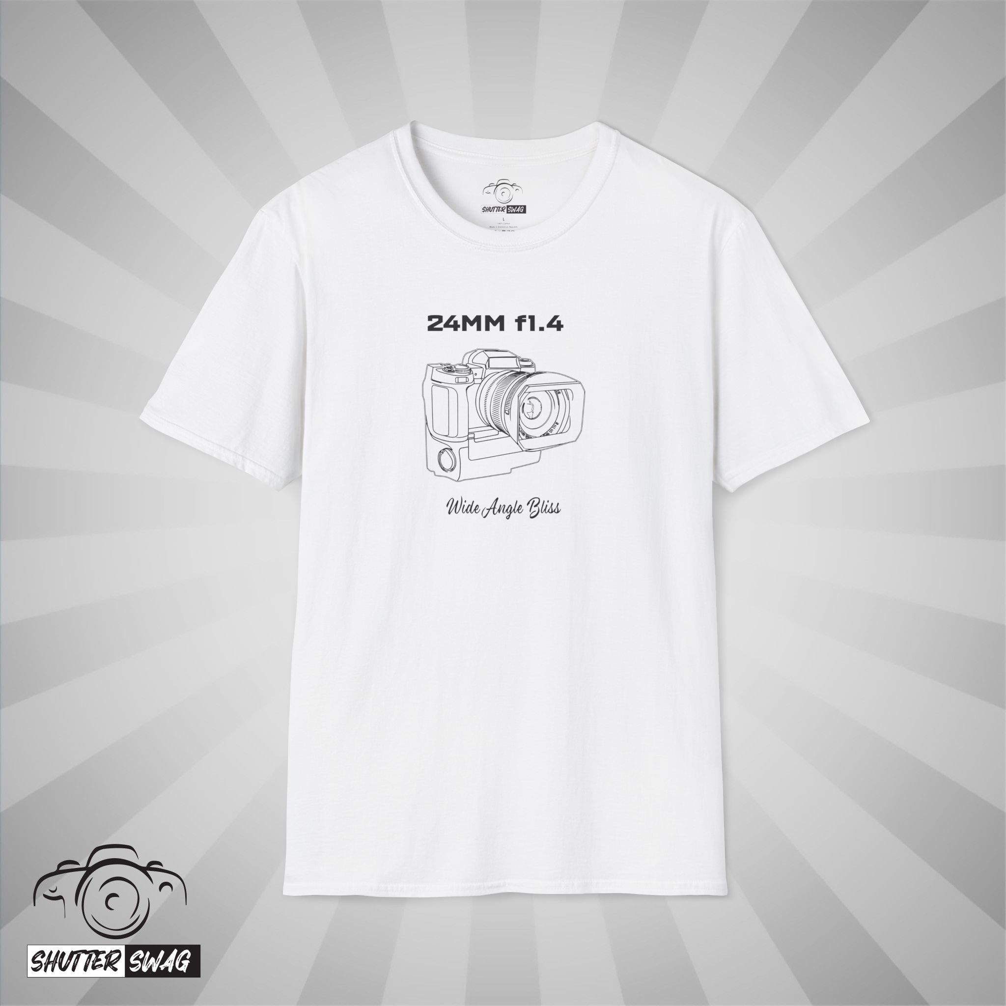 Shutter Swag Designs 24mm f1.4 Camera Lens T-Shirt, white