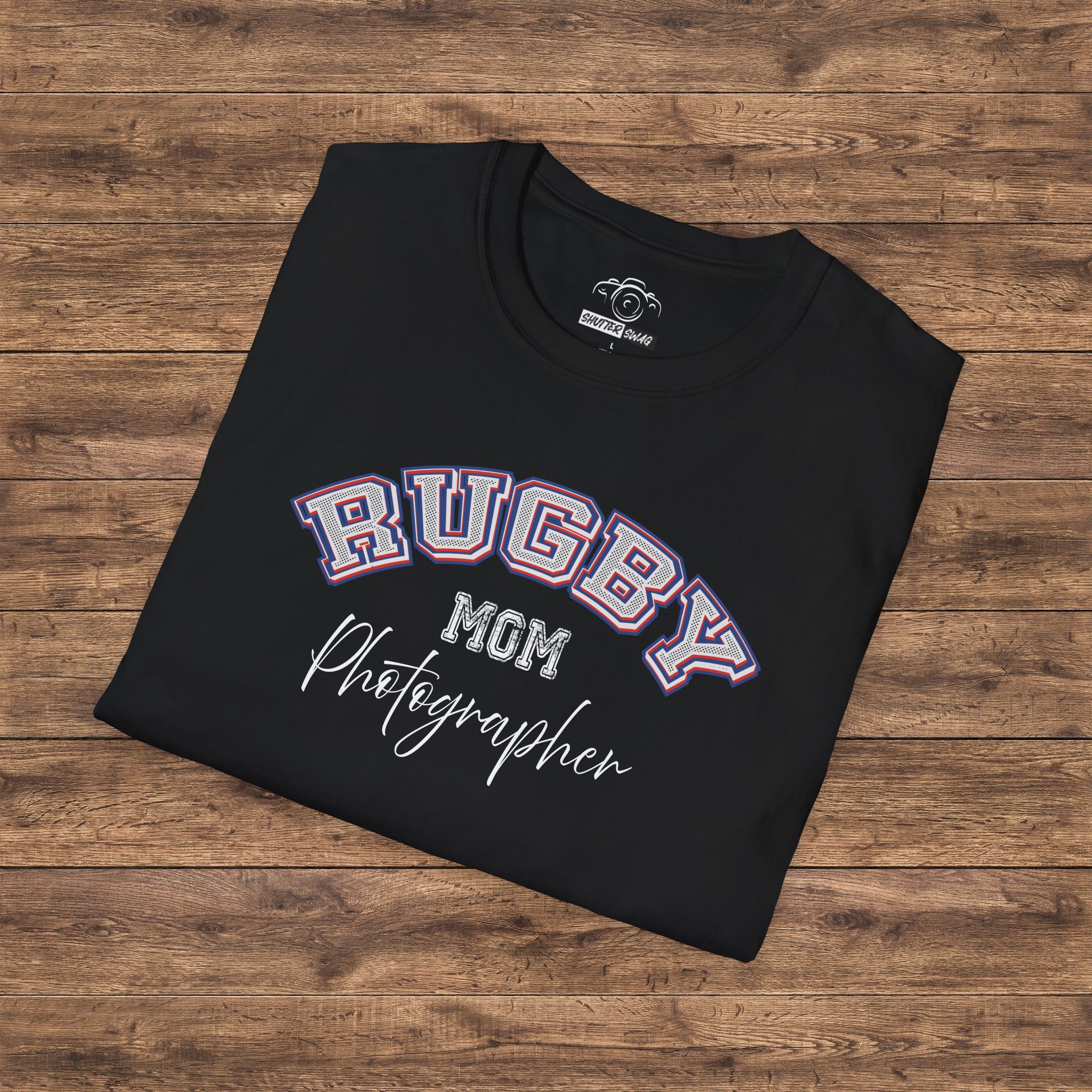 Shutter Swag Designs Rugby Mom Photographer Softstyle Cotton T-Shirt