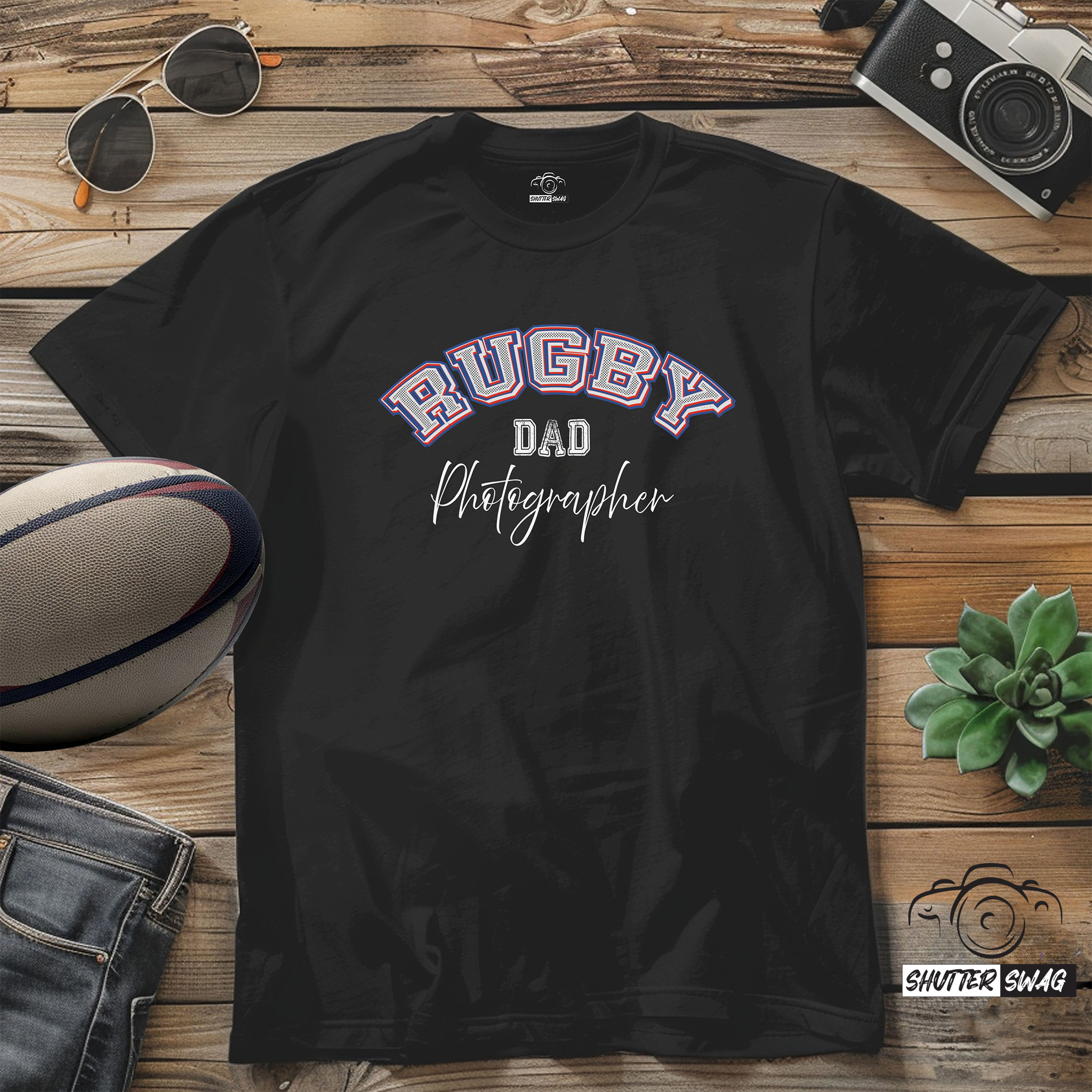 Shutter Swag Designs Rugby Dad Photographer Softstyle Cotton T-Shirt