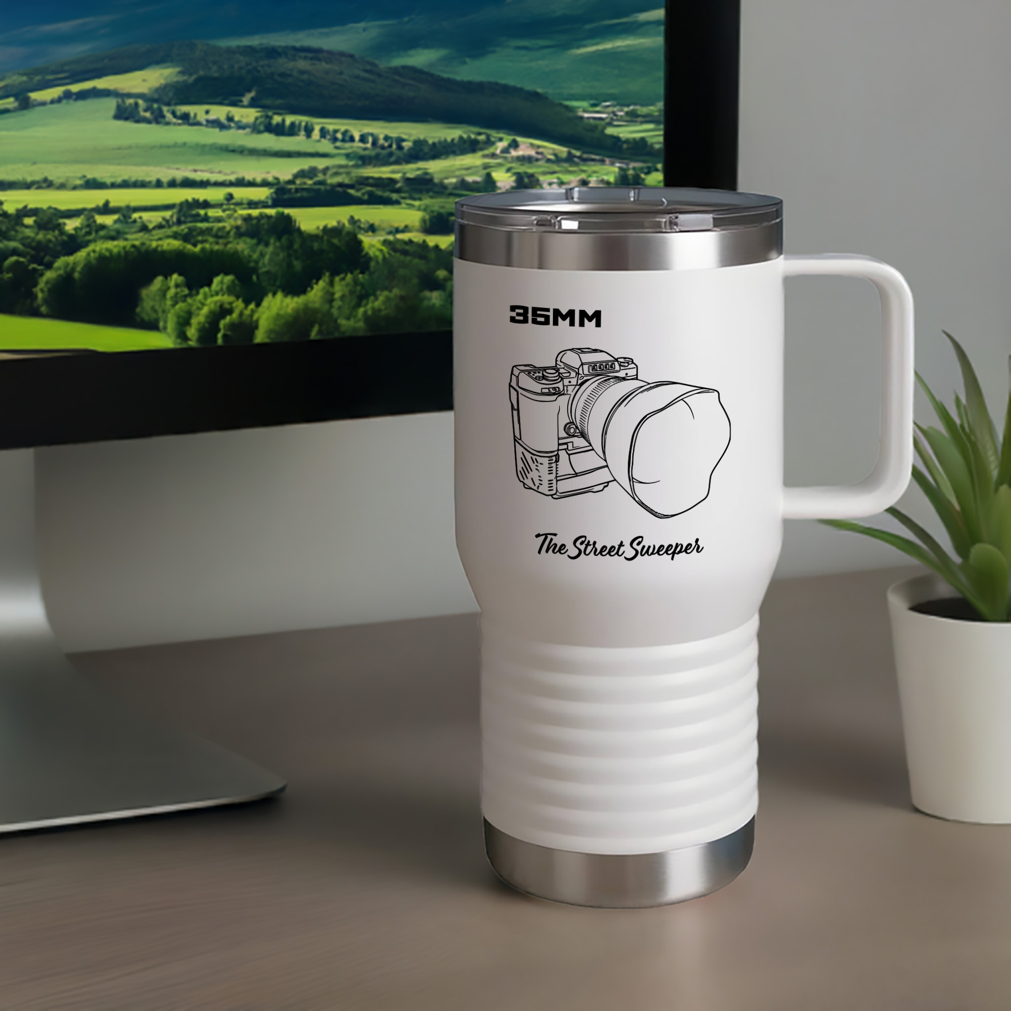 Shutter Swag Designs 35mm Camera Lens Photography Insulated Travel Mug 20oz White