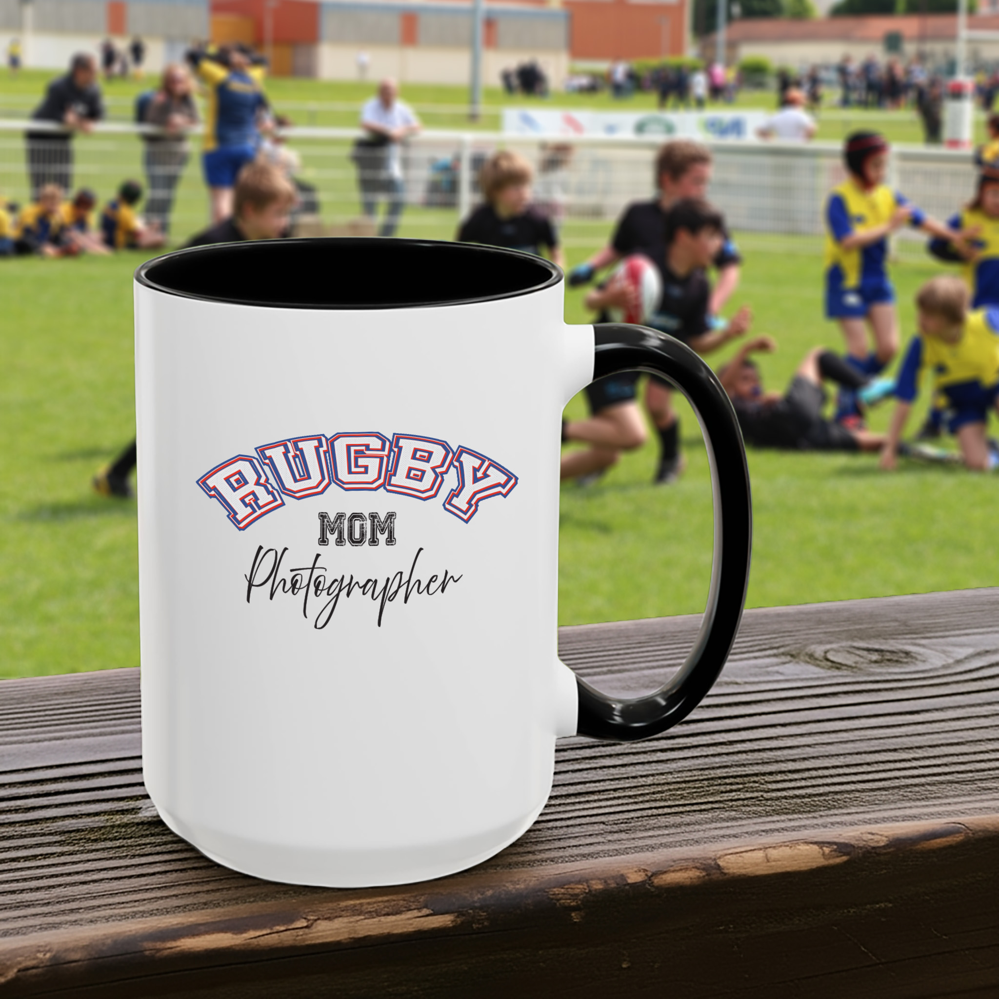Shutter Swag Designs Rugby Mom Black 15oz Mug